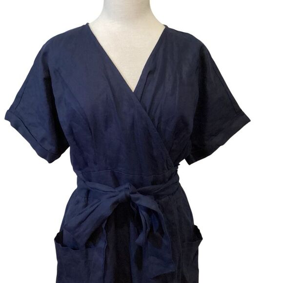 NWT Grae Cove 100% Linen Navy Blue Front Pocket Wrap Belted Midi Dress Large - Picture 10 of 15